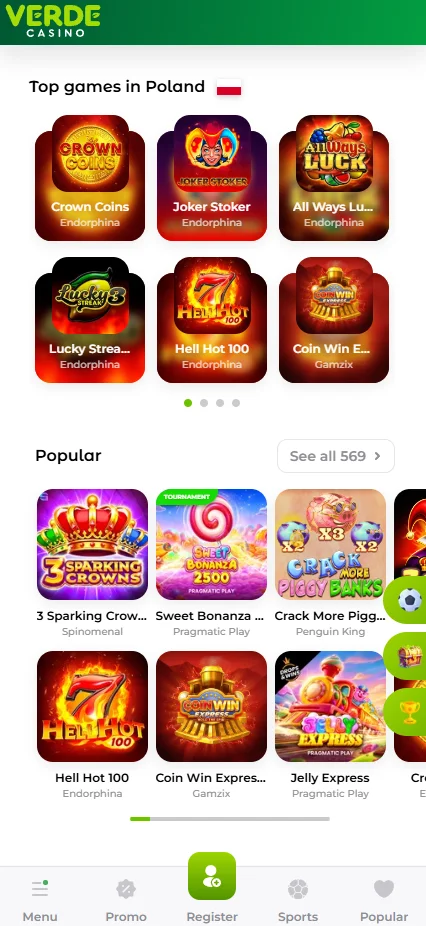 Zrzut ekranu mobilnego bonusu bez depozytu w Verde Casino